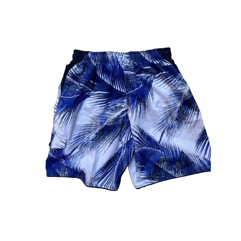 Nike Men's Swim Trunks Large Blue Palm Print Lined Elastic Waist Board Shorts